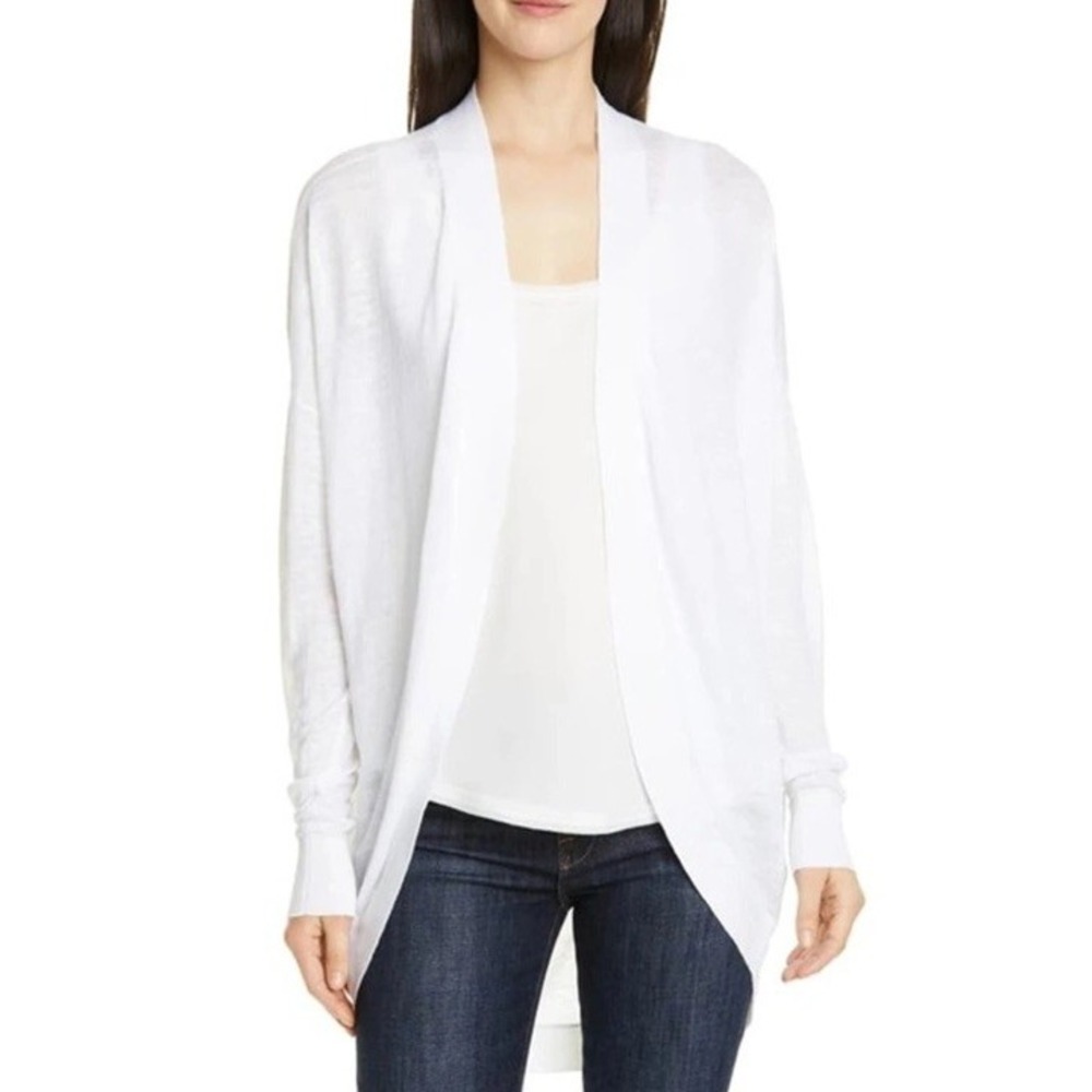 Theory Linen Blend Open Front Long Waterfall Cardigan Sweater White Large